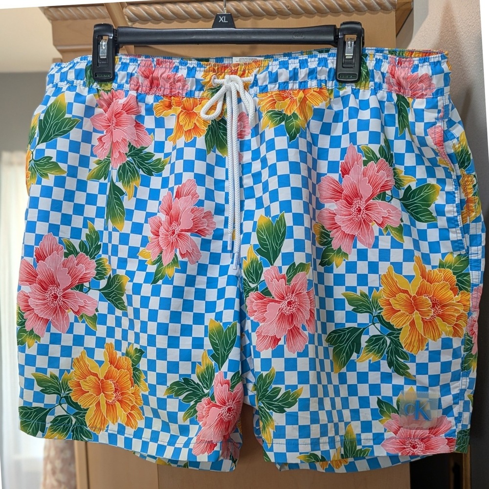 Calvin Klein Mens XXL Floral‎ Peony Checkered Swim Trunks Blue White Repreve